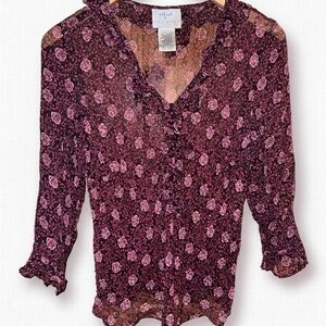 Vision Apparel | Vintage Silk Beaded Rose Print Ruffle V-Neck Blouse - Vero Moda